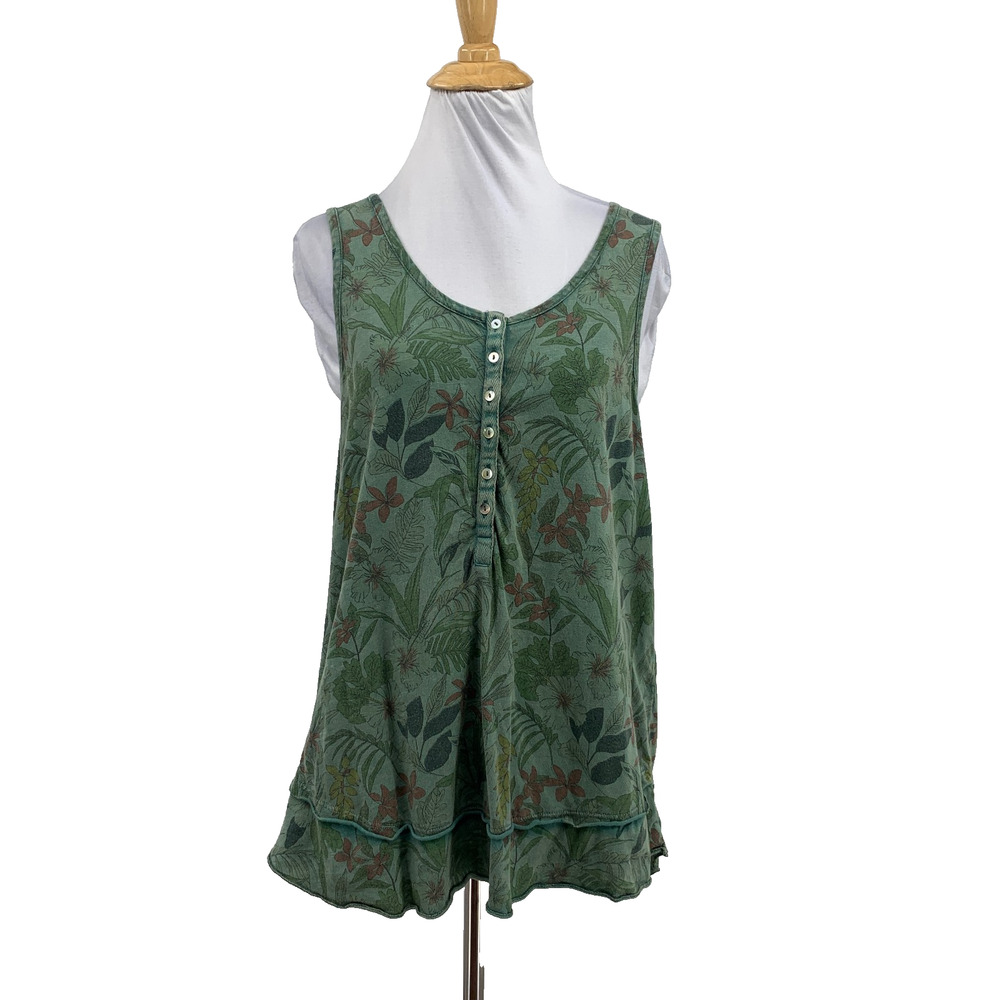 Sundance Tank Top Womens M Medium Green Floral Iridescent Buttons Tiered Raw Hem